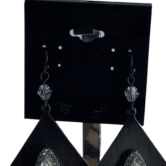 Dangling Rhinestone Diamond Shape Earrings Black Metal Formal Fashion Glam 2.5" - Picture 3 of 5
